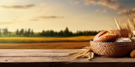 Generative AI : Grain basket on wooden table at outsideの素材