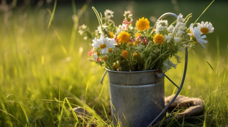 Generative AI : Flowers in vintage white water can at outdoorの素材
