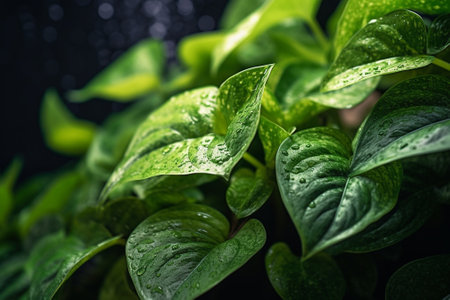 Generative AI : Golden Pothos leaves closeup under sunlightの素材