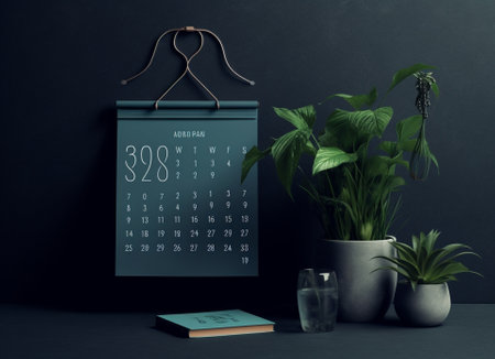 Generative AI : Green calendar on blue wooden tableの素材