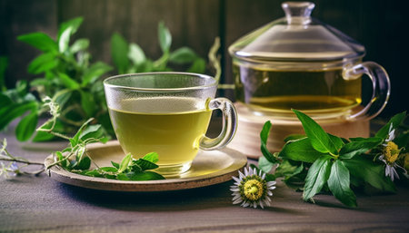 Generative AI : Green tea glass cup and Eupatorium capillifolium vegetableの素材