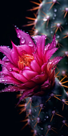 Generative AI : Pink cactus flower macro closeup with black backgroundの素材