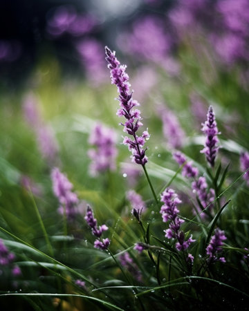 Generative AI : Purple wild grass flower blooming at outdoorの素材