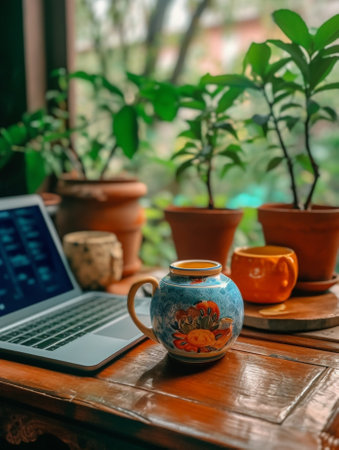 Generative AI : Laptop side view with orange juice and plant pot on wooden tableの素材
