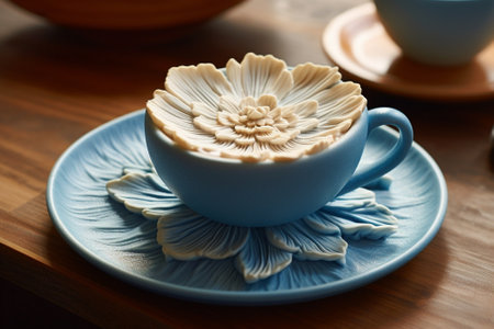 Generative AI : Old blue cup with flower on wooden tableの素材
