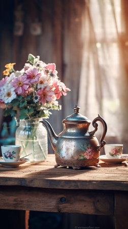 Generative AI : Metal tea pot and tea cup and plant pot on wooden tableの素材