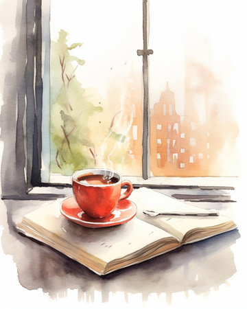 Generative AI : Red mug and open bookの素材