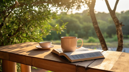 Generative AI : White coffee cup with small plant in old brown pot with white thick book on wooden table at outdoor with nature bokeh backgroundの素材