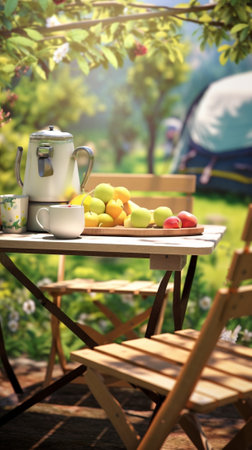 Generative AI : White table and chair and blue coffee cup outdoor park relaxing with lush green foliage backgroundの素材