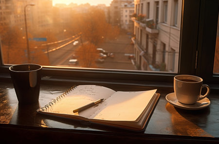 Generative AI : cup and notebooks at windowsの素材