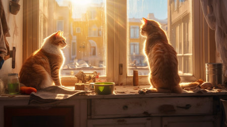 Generative AI : a pair of orange tabby kittens standing on sofa and looking through windowの素材