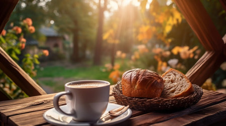 Generative AI : coffee and bread at outdoorの素材