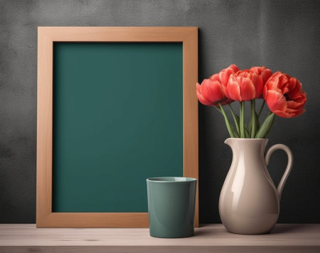 Generative AI : teal cup and red rose in blue pot with notebookの素材