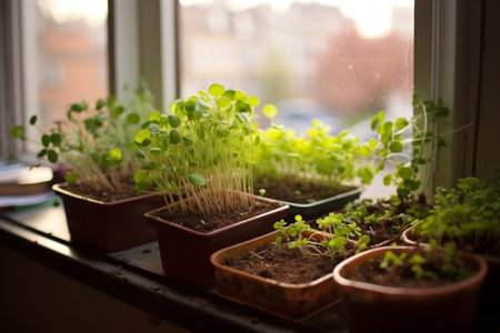 Generative AI : sunflower sprouts growing in pots in front window indoor gardenの素材