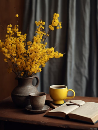 Generative AI : Yellow ceramic cup with flower jar and notebooks at on wooden tableの素材