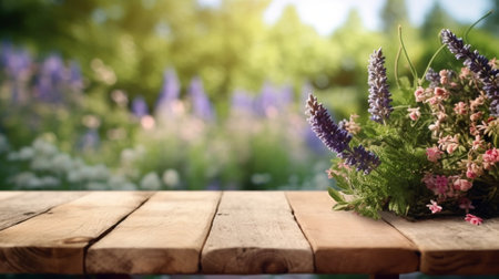 Generative AI : Wooden table at outdoor with purple flowersの素材