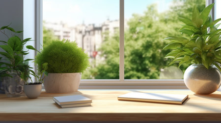 Generative AI : plants in glass vase on desk in front of windowの素材