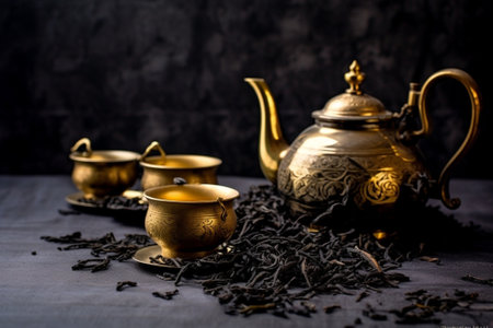 Generative AI : Tea cup and metal black tea potの素材