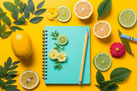 Generative AI : pineapple juice and notebook on wooden tableの素材