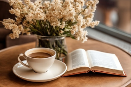 Generative AI : Brown tea cup with flower and books on woonden tableの素材