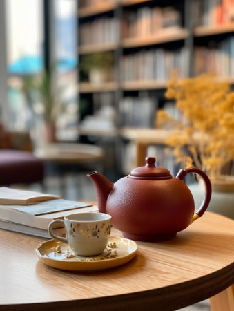 Generative AI : Brown earthenware teapot and tea cup and booksの素材