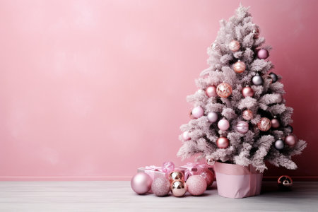 Generative AI : Mini pink calendar and christmas tree with pink backgroundの素材