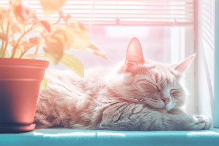 Generative AI : Kitten sleeping in front of windowの素材