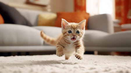 Generative AI : Orange tabby kitten on white on sofaの素材