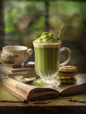 Generative AI : Pandan tea and leaves piles in small glass pitcher with green notebookの素材