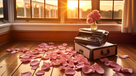 Generative AI : Notebooks and vase of rose in front of windowの素材