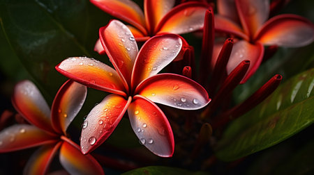 Generative AI : Red Frangipani flower on green grassの素材