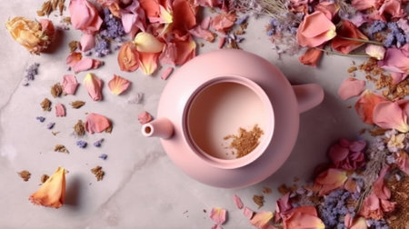 Generative AI : Rose tea and tea strainer filter pot and flowersの素材