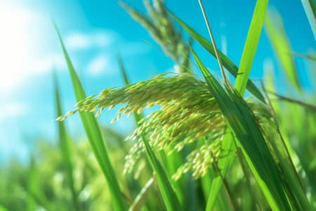 Generative AI : Rice Green leaves close up under sunlightの素材