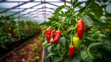 Generative AI : Red and green Birds eye chili pepper plants growingの素材