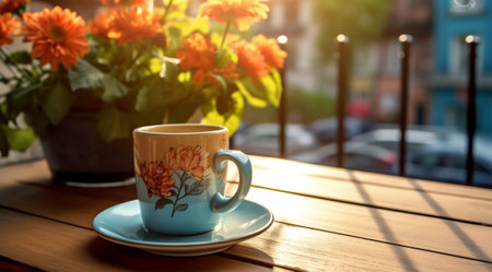 Generative AI : Yellow coffee cup with yellow and pink Chrysanthemum flowers on wooden table at outdoorの素材