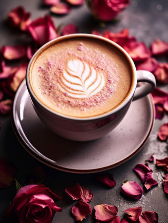 Generative AI : Latte coffee in glass cup and milk pitcher with rose flower on dark tableの素材