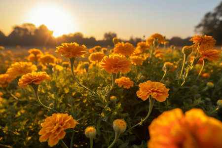 Generative AI : marigold flowers in flower fieldの素材