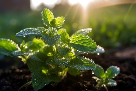 Generative AI : Young green sappling plant with dew growingの素材