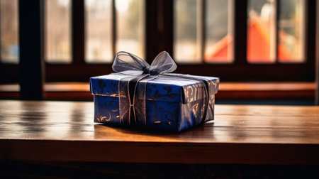 Generative AI : gift box on wood tableの素材