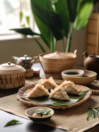 Generative AI : woven bamboo plates on wodoen tableの素材