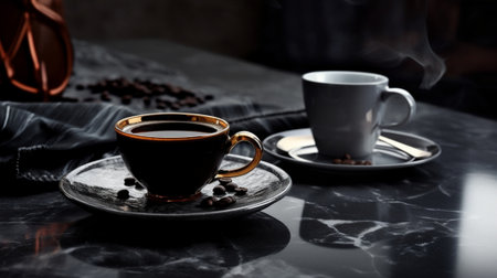 Generative AI : Black coffee with cup crema and coffee utensilの素材