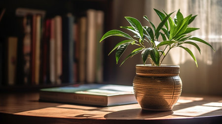 Generative AI : Green plant in black cup on brown wooden tableの素材