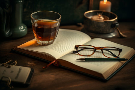 Generative AI : Coffee glass cup and old book with moka potの素材