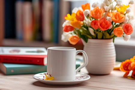 Generative AI : Flowers in orange pot with white cupの素材