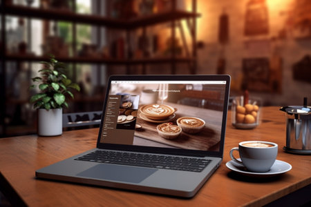 Generative AI : Laptop side view and coffee glass cup and cupcake bacon truffle indoor workingの素材