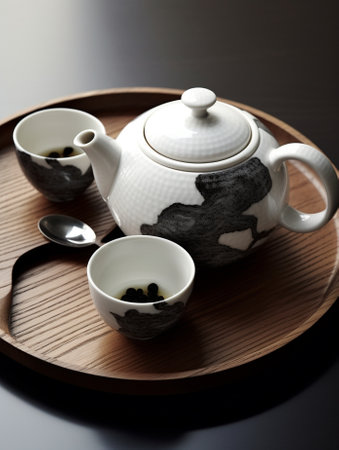 Generative AI : Earthenware tea pot and tea cup on wooden trayの素材