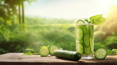 Generative AI : Cucumber growing on wooden tableの素材