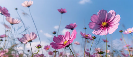 Generative AI : Delicate pink cosmos flower with blue skyの素材