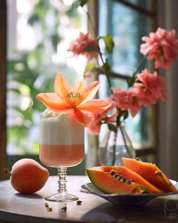 Generative AI : Passion fruit in glass cup and a vase of Yellow gerberaの素材