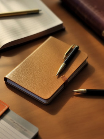 Generative AI : Mini notebook and notebook on wood tableの素材